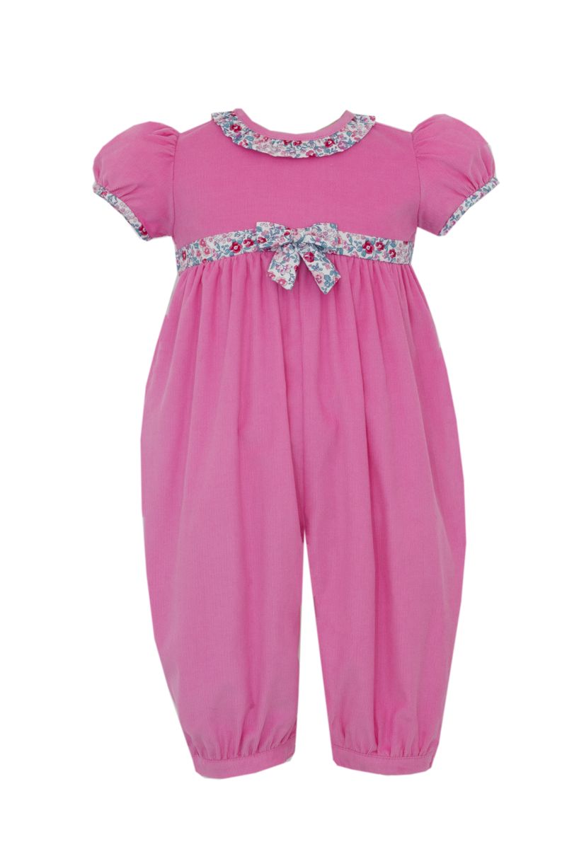 Pink Corduroy Girl's Long Romper With Pink Floral Ruffles S/S
