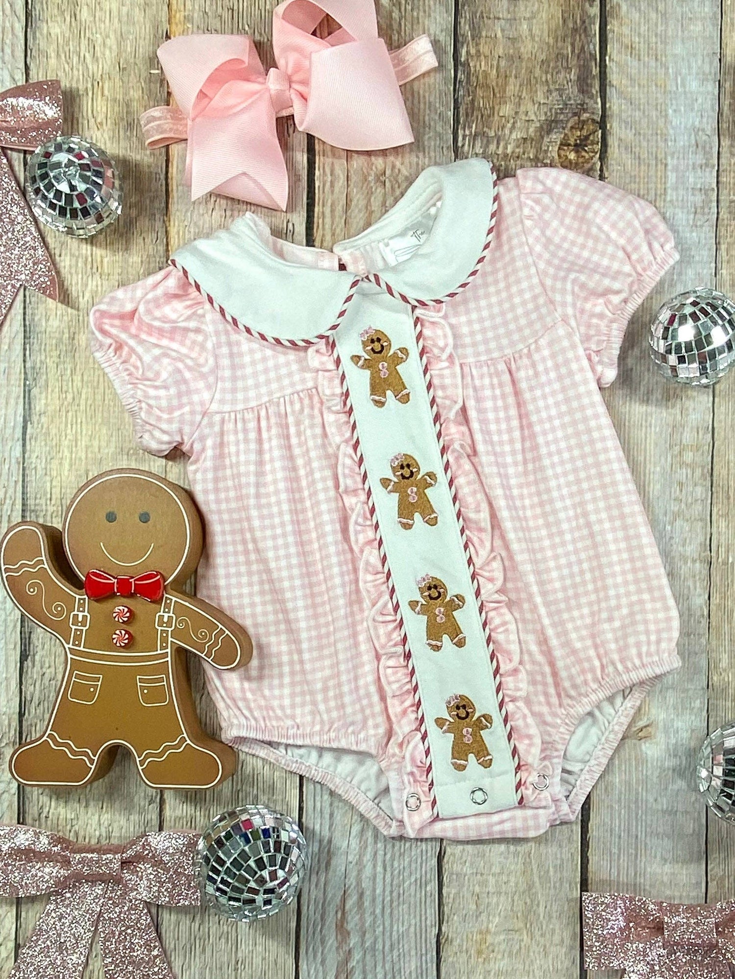 Gingerbread Friends Pink Embroidered Infant Romper