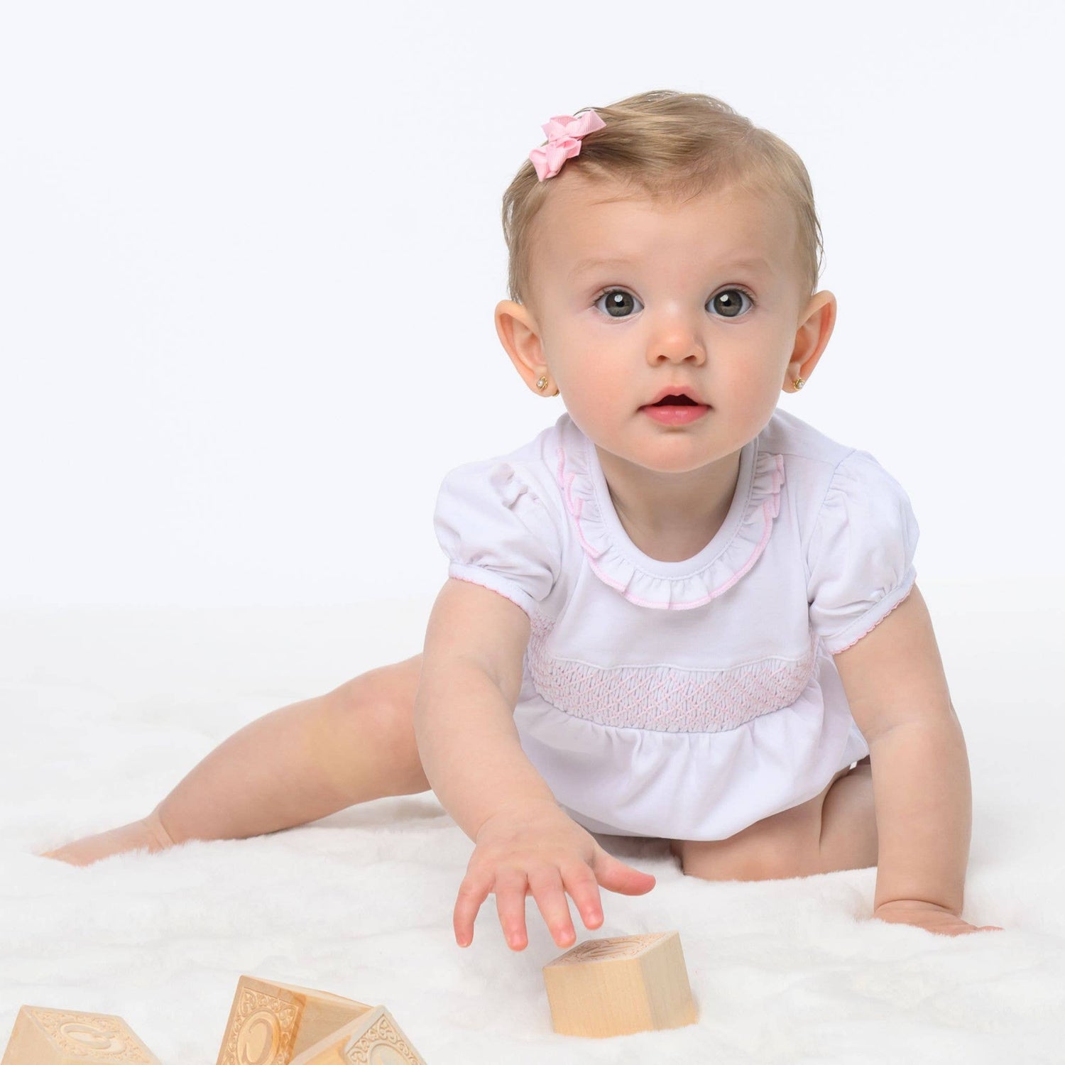 Essentials Solid Smocked Bubble - White Pink