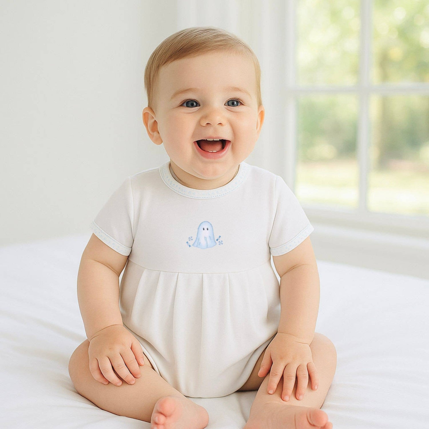 My Little Boo Embroidered Short Sleeve Bubble - Light Blue