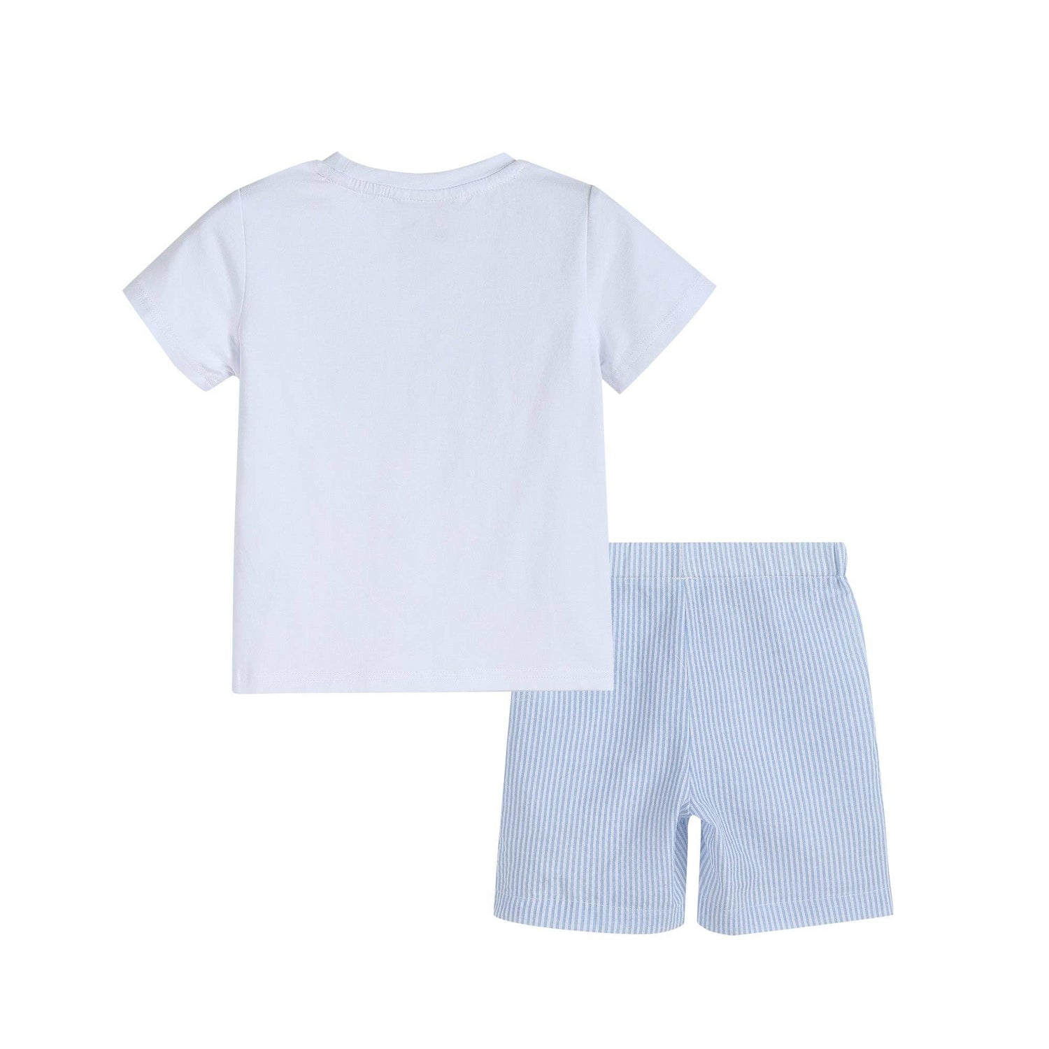 Blue Seersucker Bunnies Smocked Shirt and Boy Shorts Set