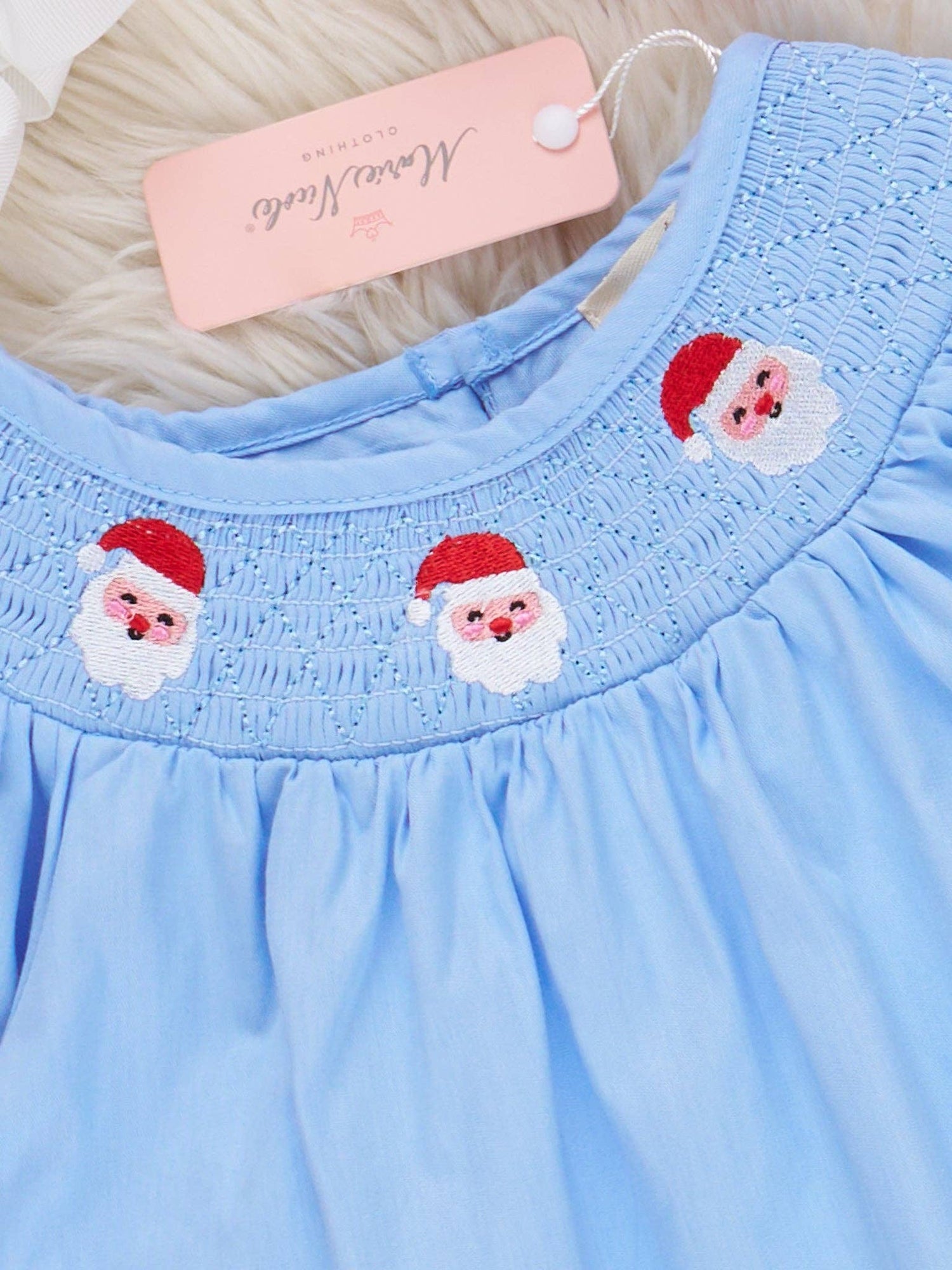 Blue Chambray Smocked Santas Ruffle Dress