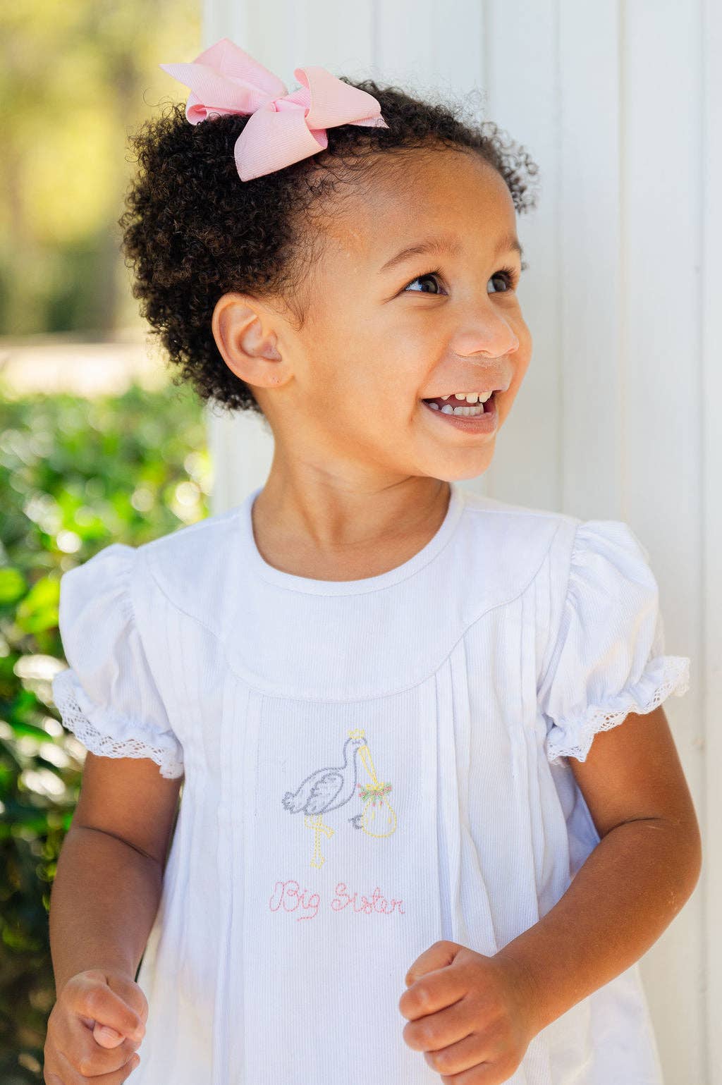 White Big Sister Stork Embroidered Dress