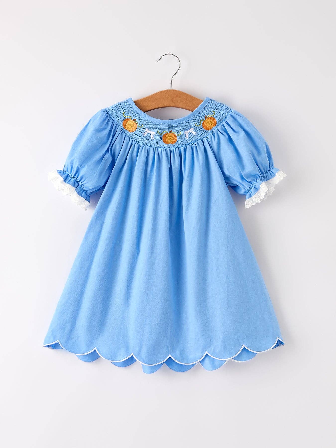 Blue Fall Thanksgiving&Halloween Pumpkin Smock Embroidery Lace Baby Girl Dress