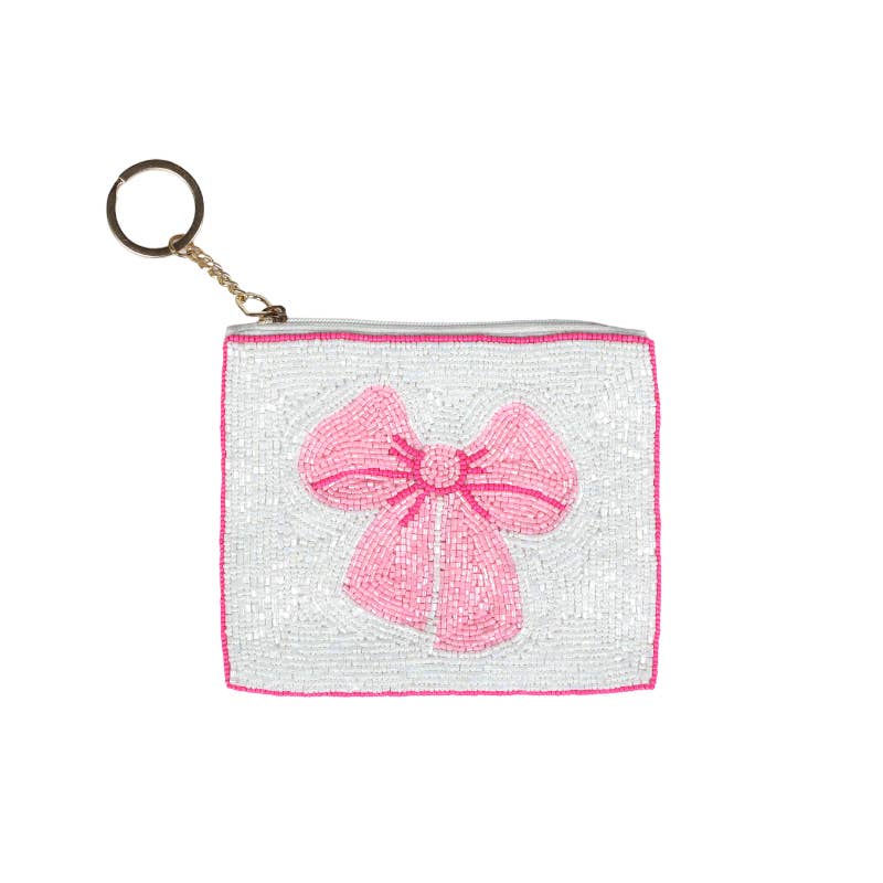 White & Pink Bow Beaded Coin Purse