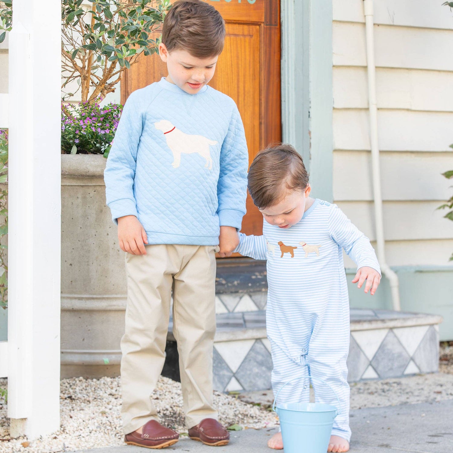 Boys Puppy Romper - Blue Stripe