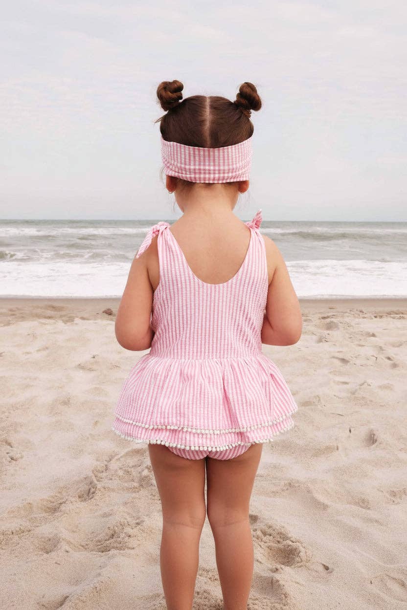 Tiered Skirt with White Pom Trim | Seersucker Dusty Pink