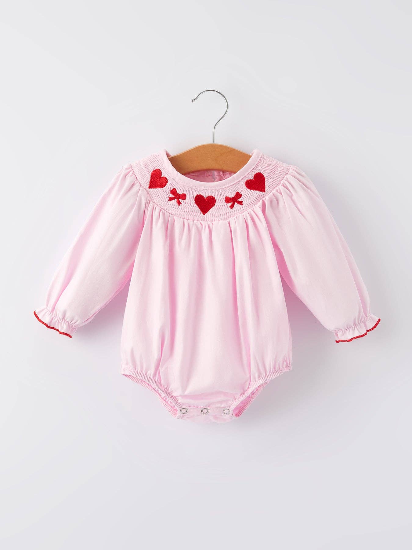 Pink valentine Smocking Embroidery Long Sleeve Girls Romper