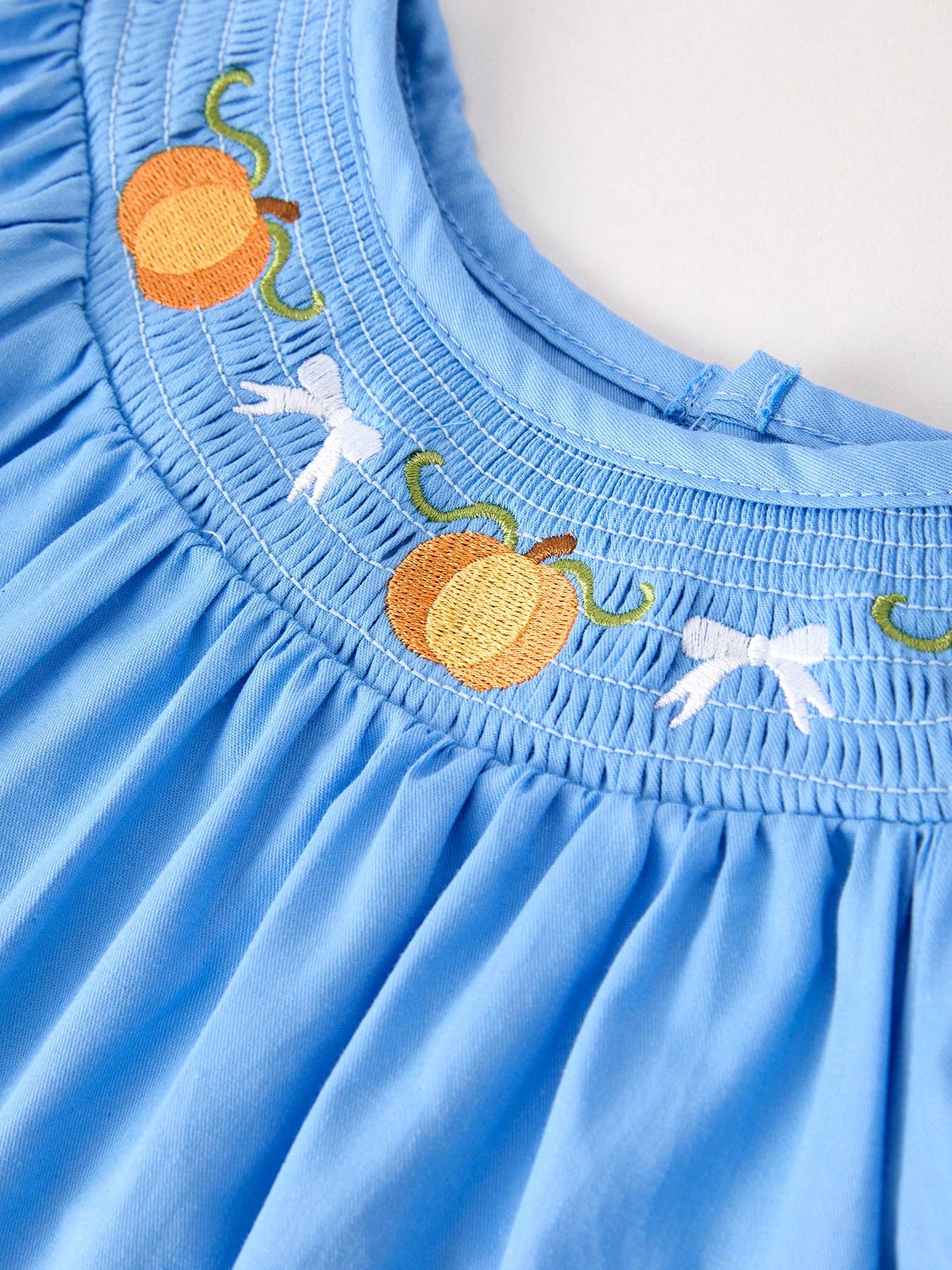 Blue Fall Thanksgiving&Halloween Pumpkin Smock Embroidery Lace Baby Girl Dress