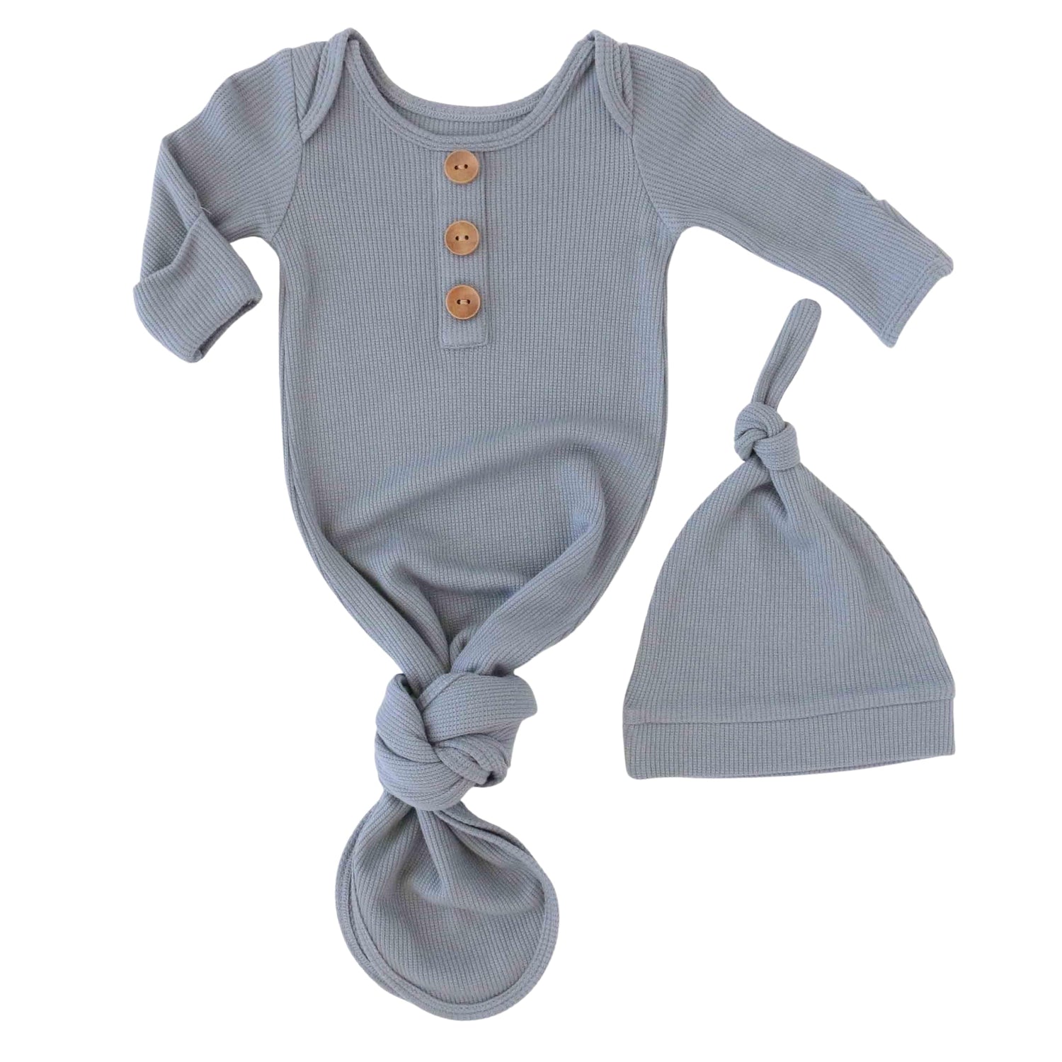Dusty Denim Bamboo Waffle Newborn Baby Knot Gown & Hat Set