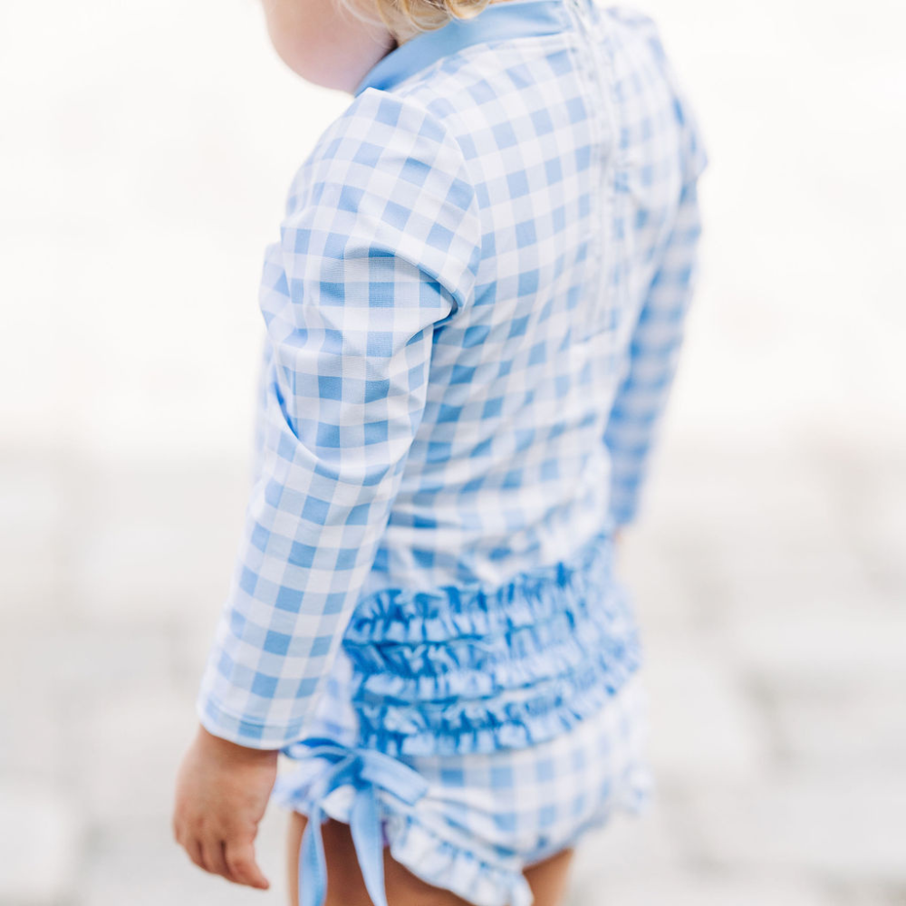 Girls Swimsuit - Ruffle Bottom - Blue Gingham