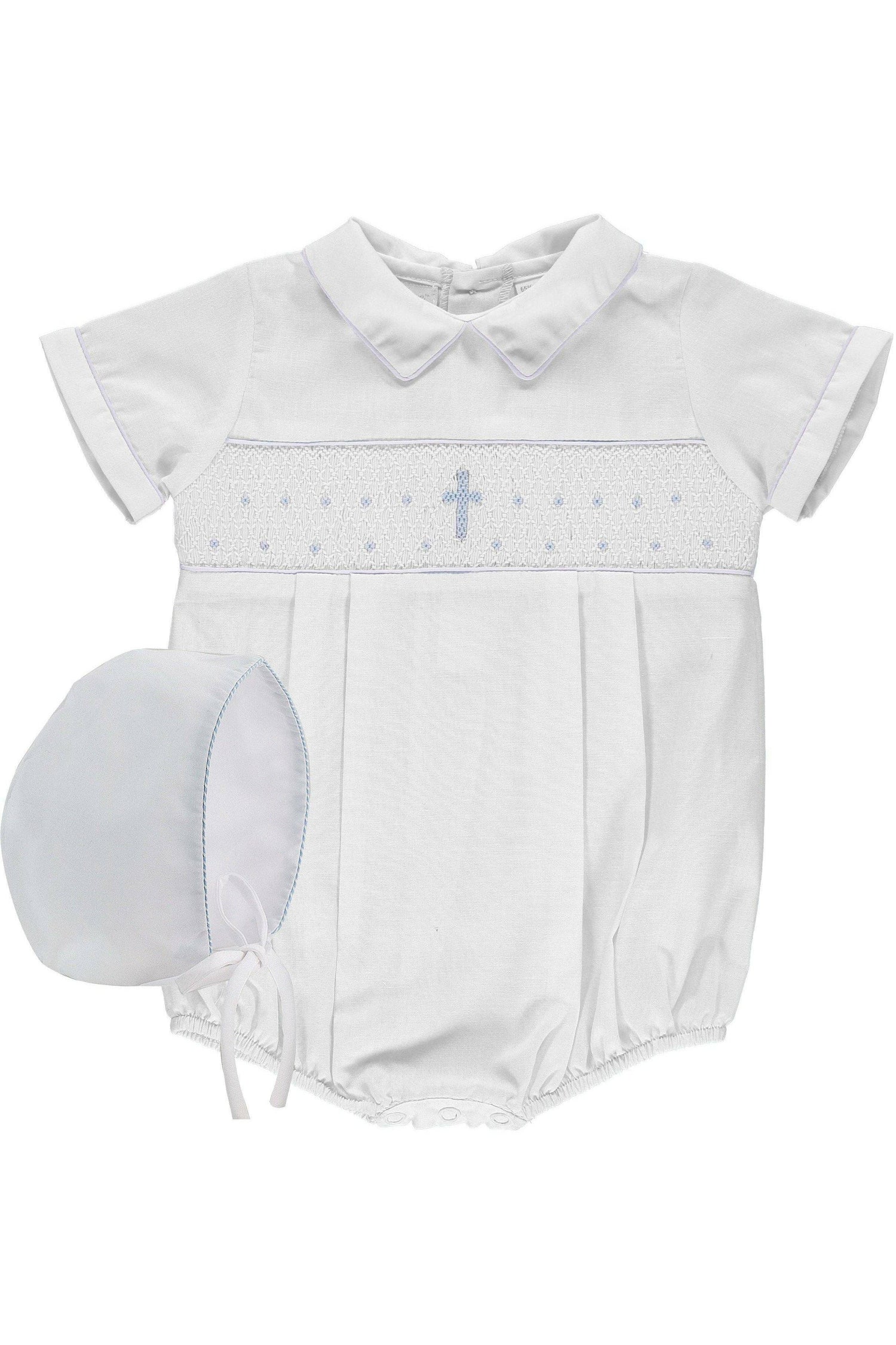 Baby Boy White Smocked Cross Creeper + Bonnet