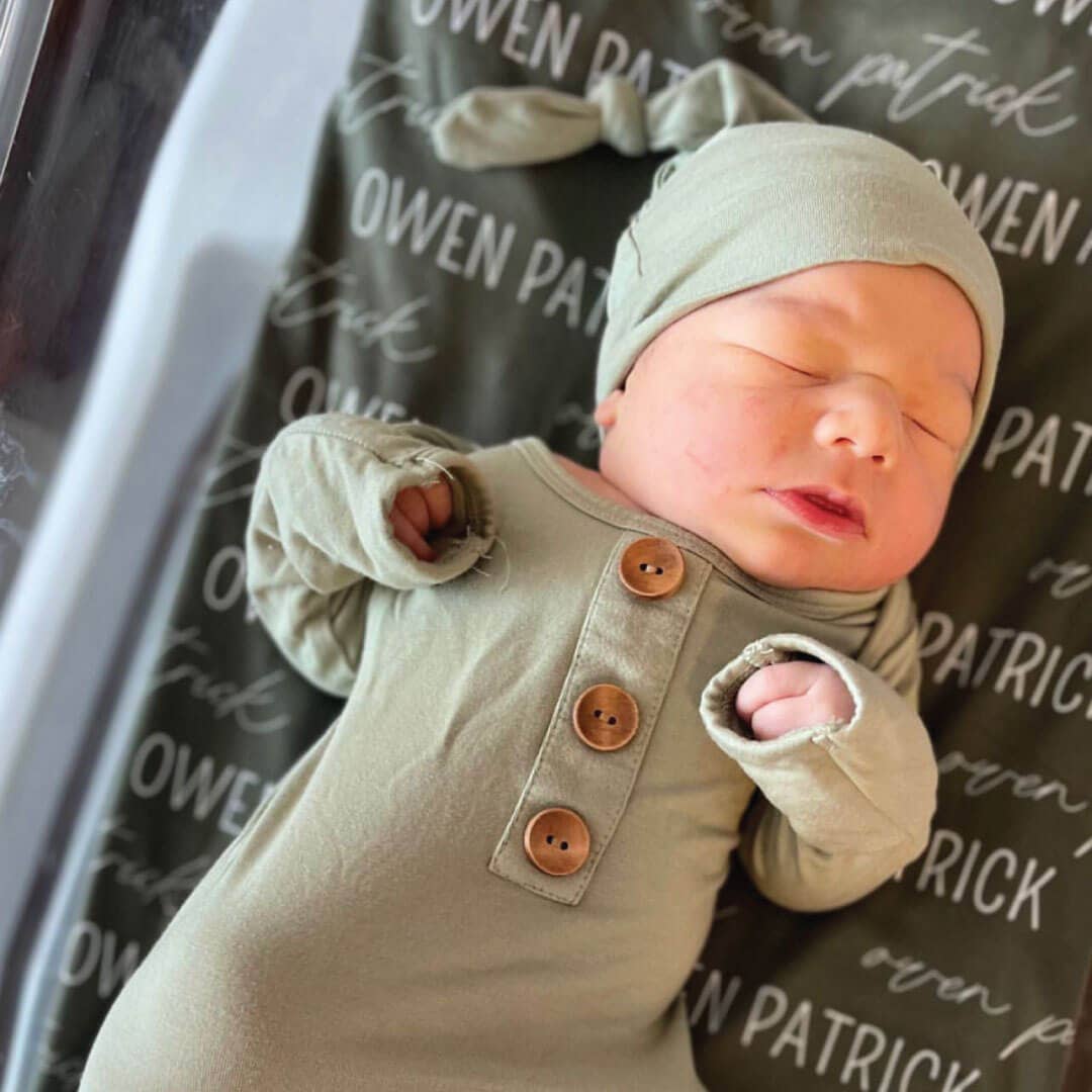 Solid Moss Bamboo Baby Knot Gown & Hat