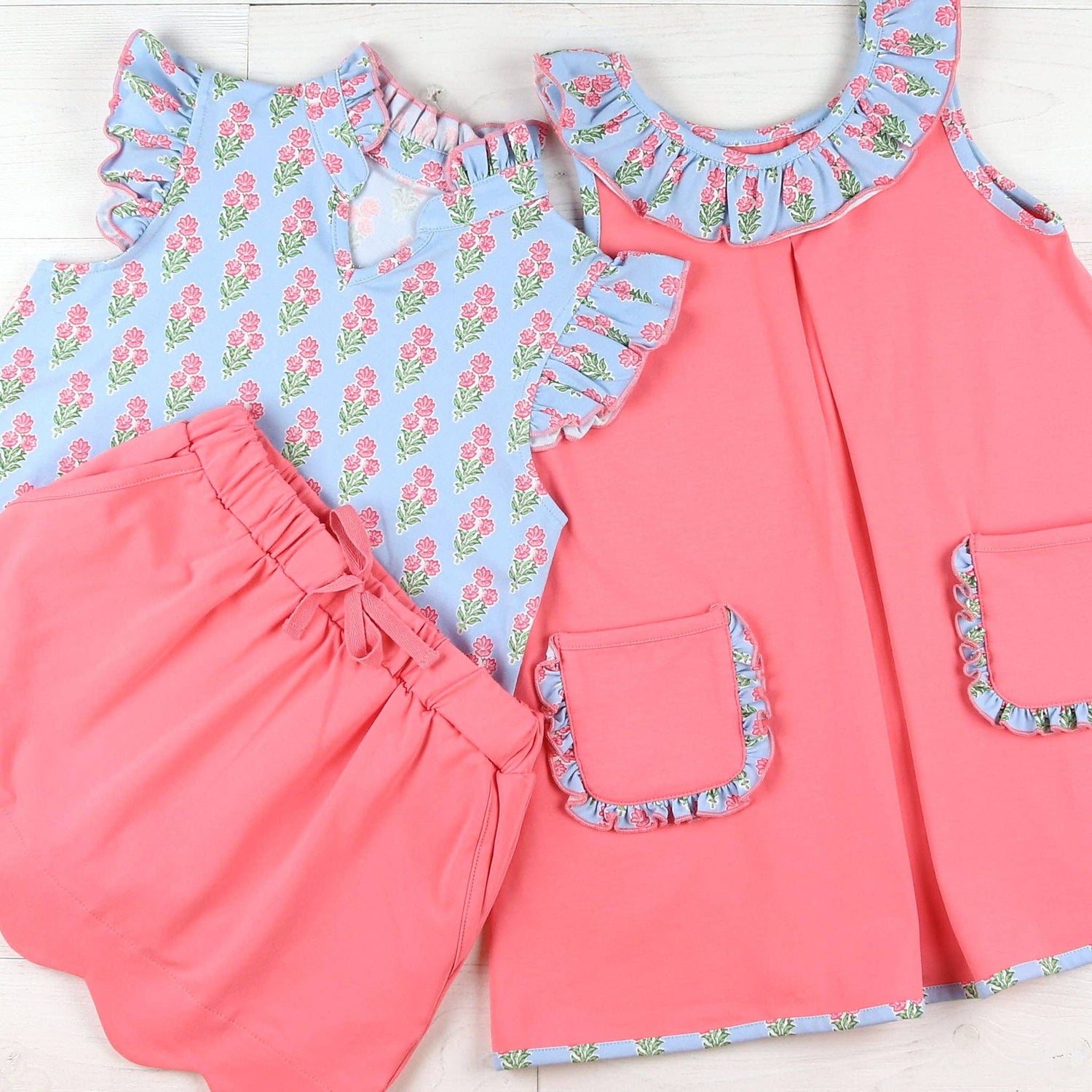Coral Bouquet Ruffle Neck Top