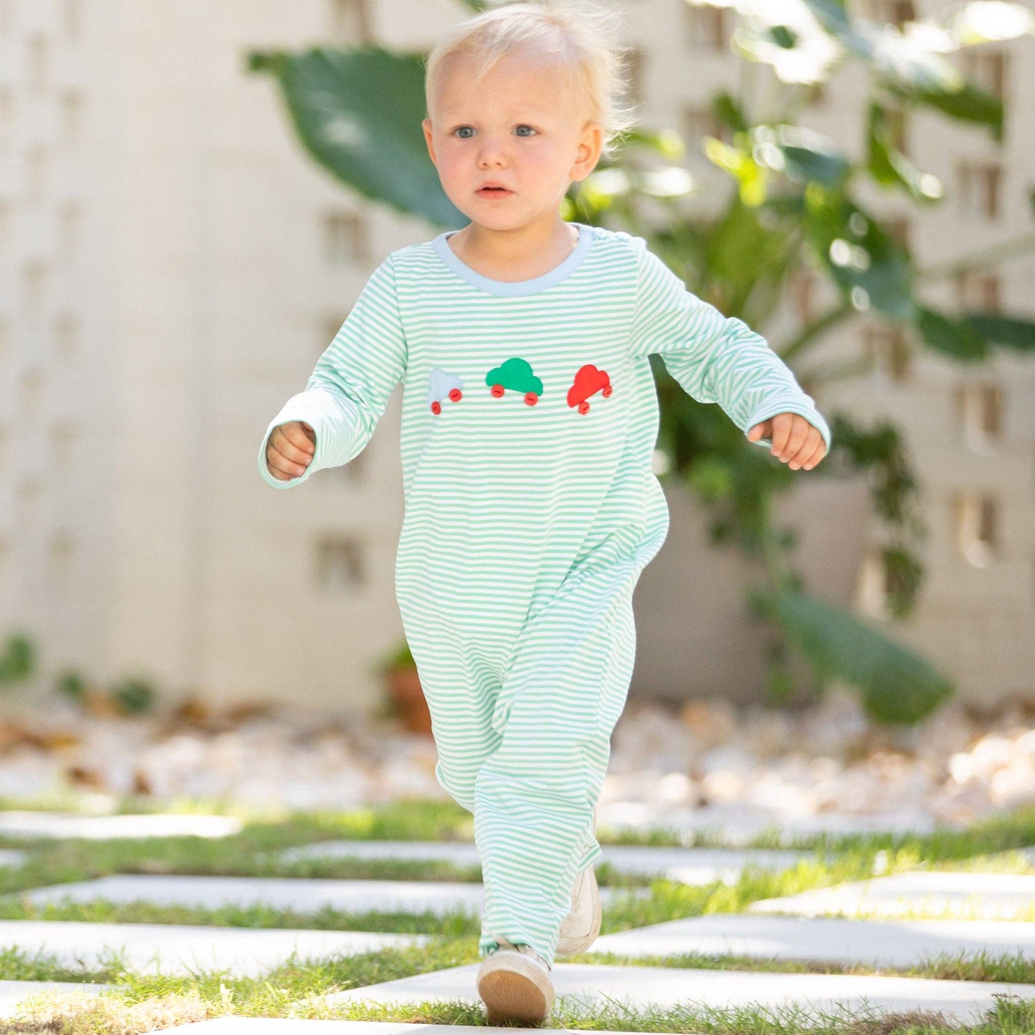 Boys Car Romper - Green Stripe