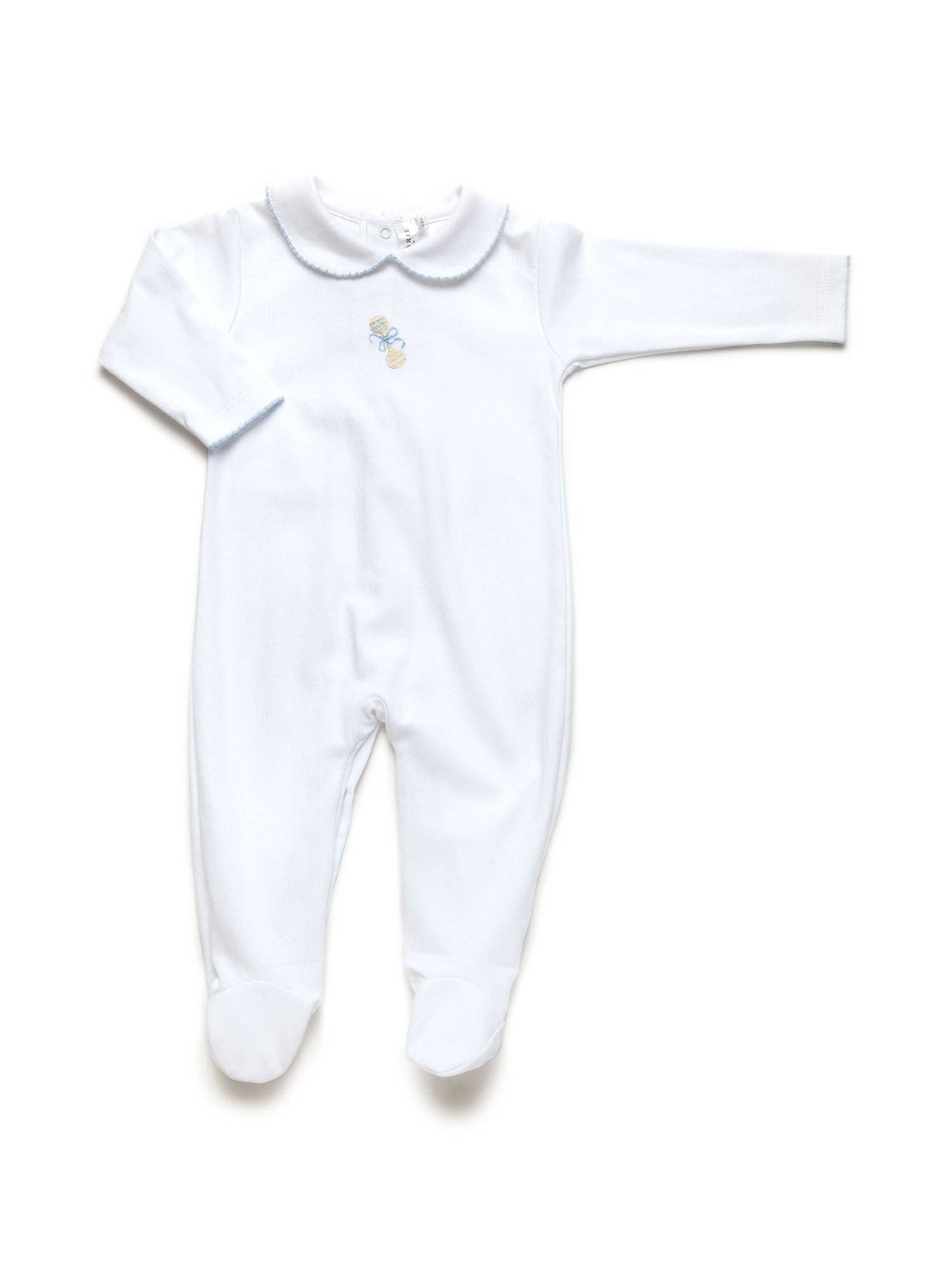 Blue Heirloom Rattle Collared Pima Footie | White