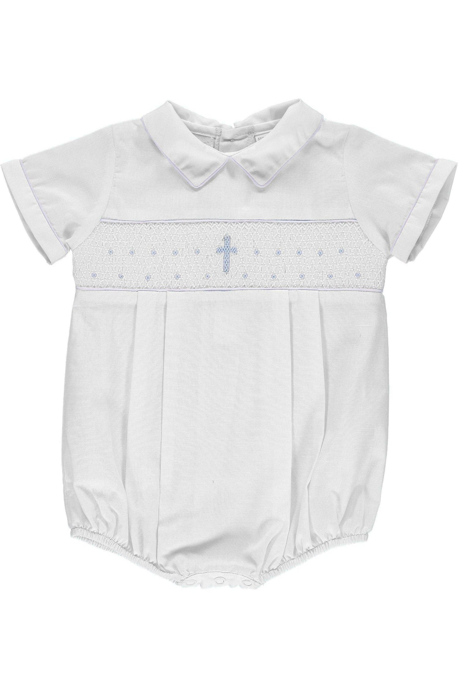 Baby Boy White Smocked Cross Creeper + Bonnet