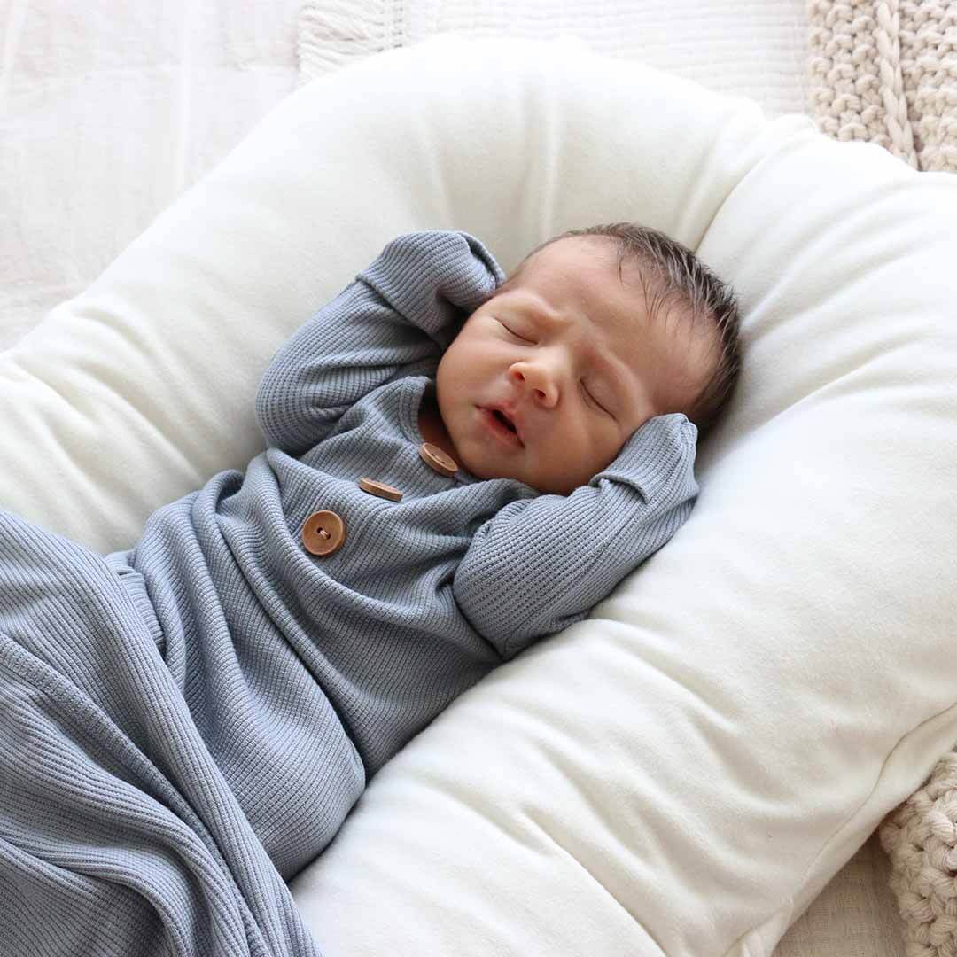 Dusty Denim Bamboo Waffle Newborn Baby Knot Gown & Hat Set