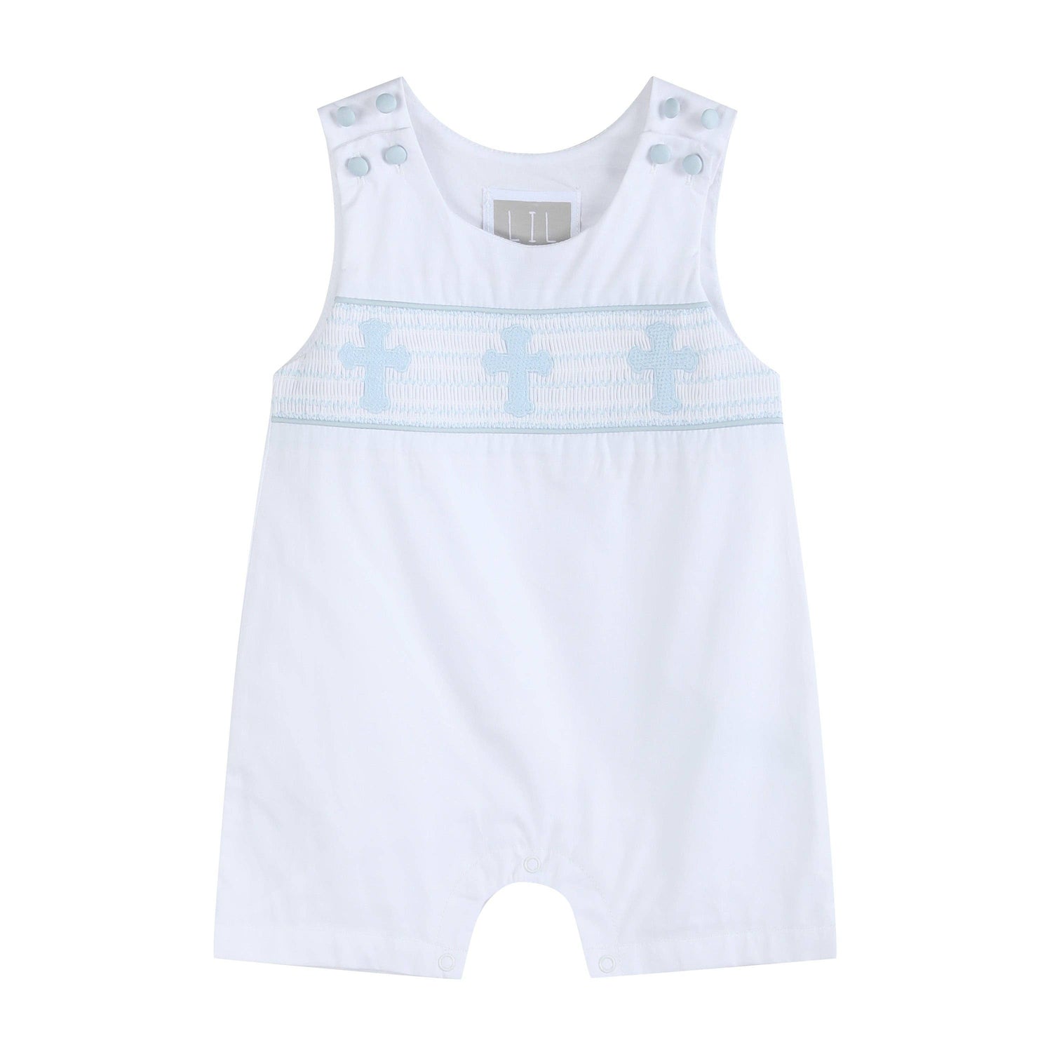White and Blue Holy Crosses Smocked Overalls