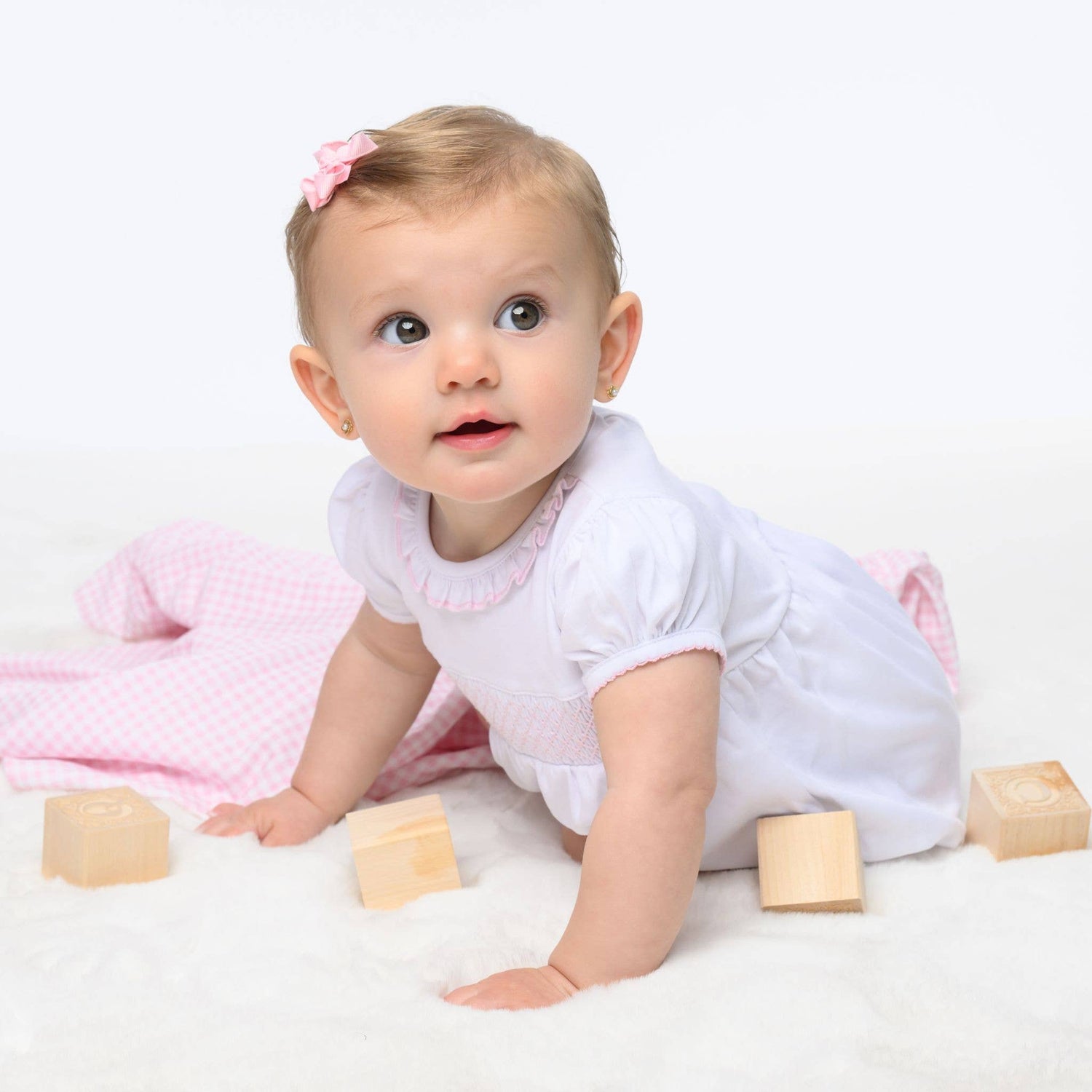 Essentials Solid Smocked Bubble - White Pink