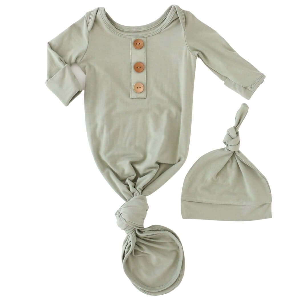 Solid Moss Bamboo Baby Knot Gown & Hat