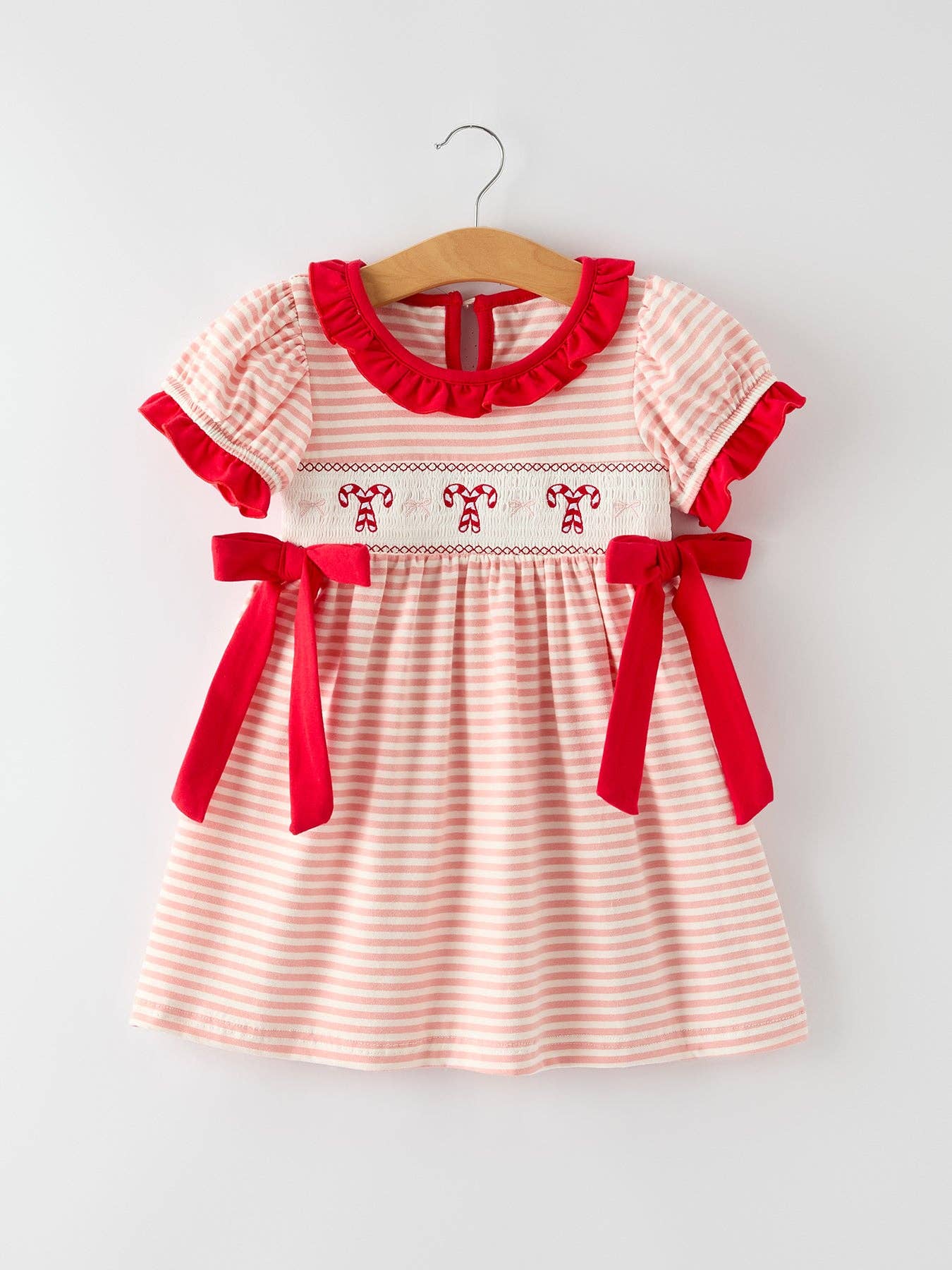 Christmas Candy Cane Smocking Embroidery Striped Girls Dress