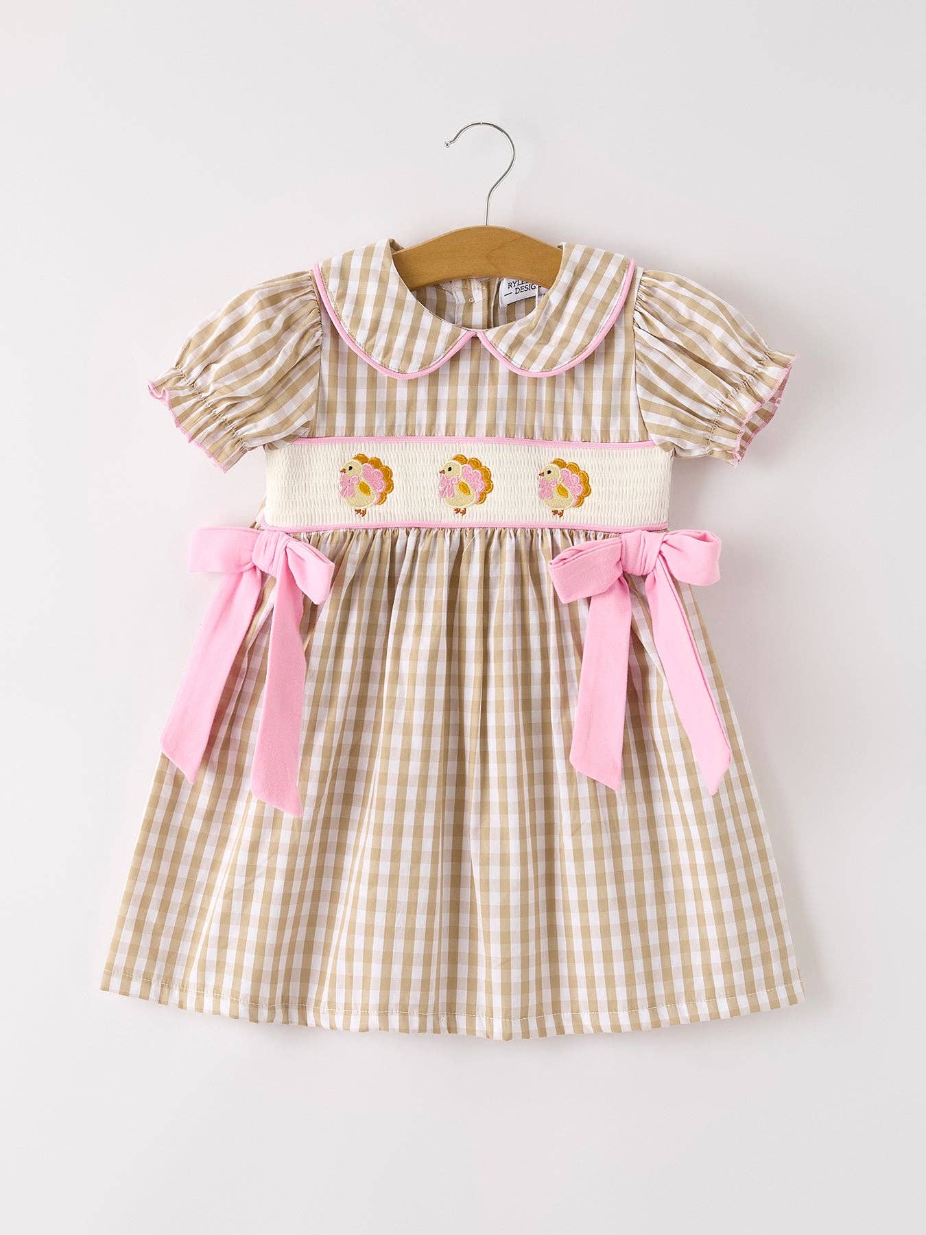 Fall Thanksgiving Lapel Plaid Chick Embroidery Smocking Bow Baby Girls Dress