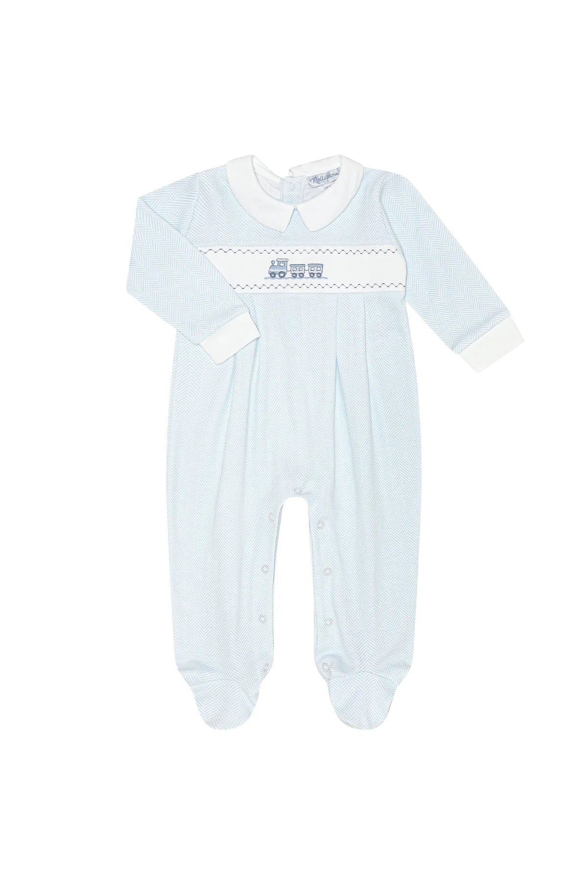 Blue Herringbone Embroidered Footie
