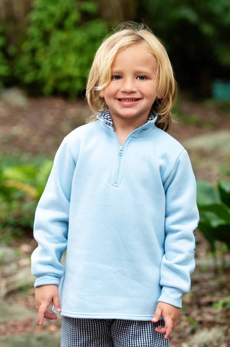 1/4 Zip Pullover - Light Blue & Navy Gingham