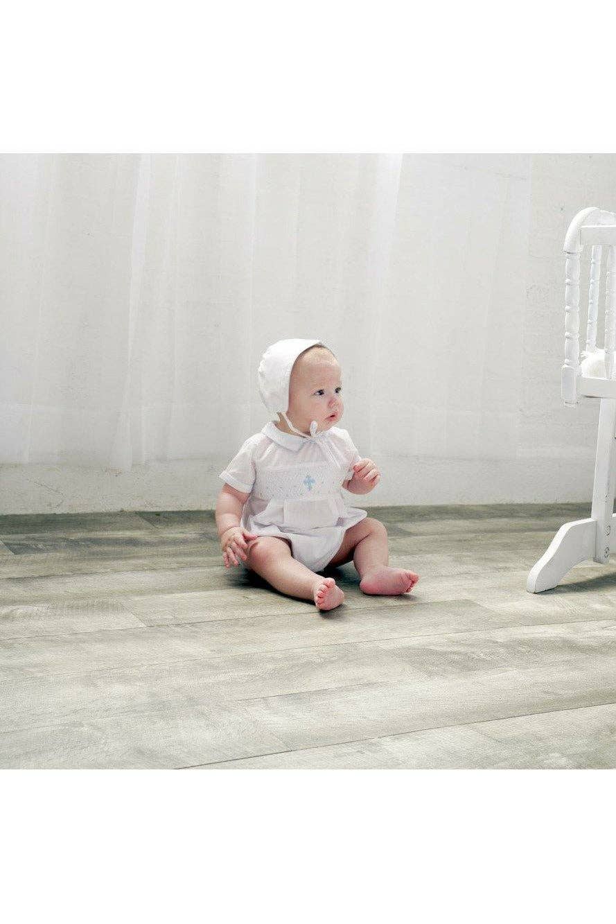Baby Boy White Smocked Cross Creeper + Bonnet