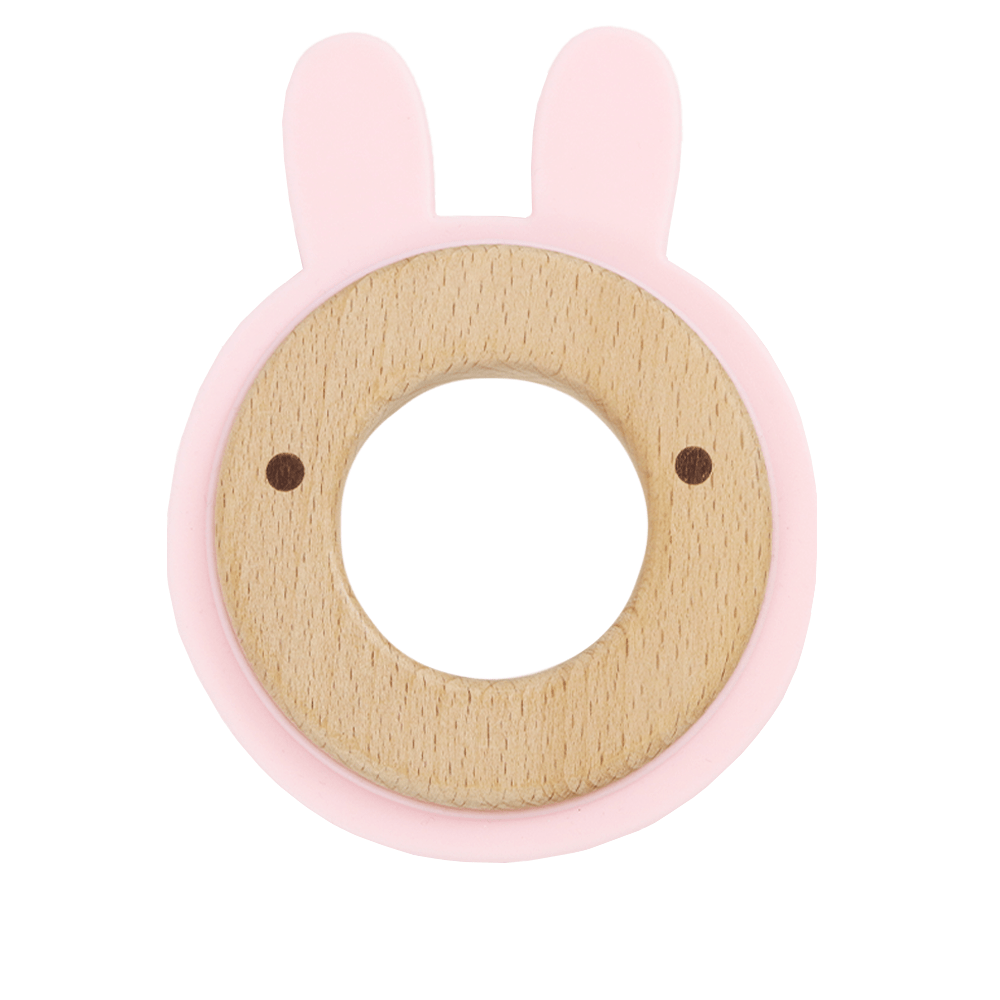 Animal Teether Wooden + Silicone (bunny, pink)