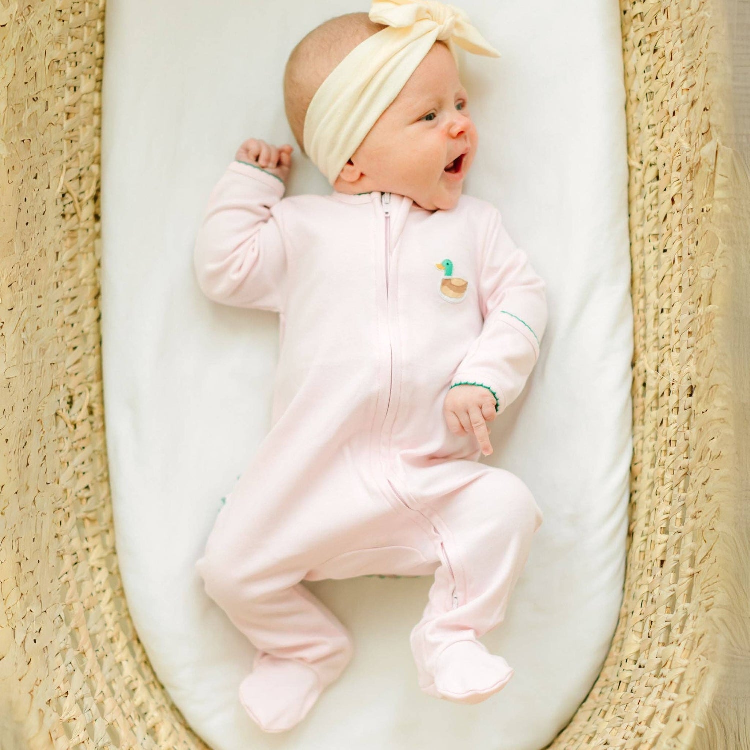 Mini Mallard Embroidered Ruffle Zip Footie - Pink
