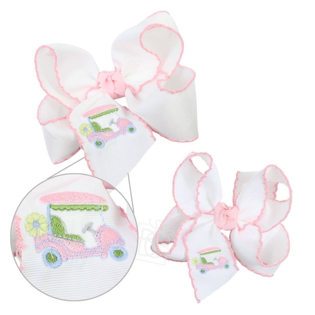 EMBROIDERED GOLF CART CROCHET EDGE HAIR BOW