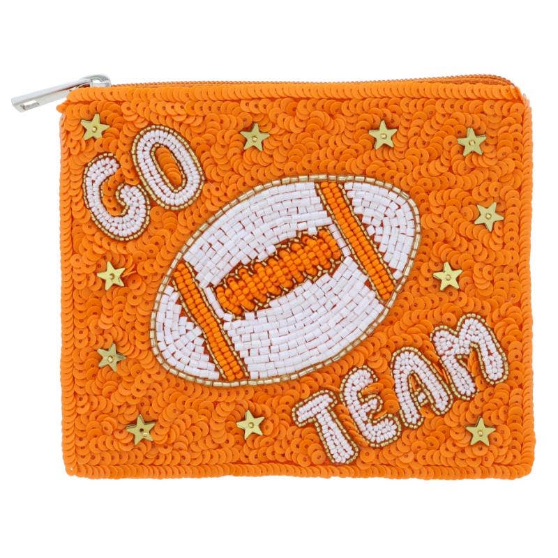 Orange Beaded "GO TEAM" & Football & Gold Stars Coin Purse