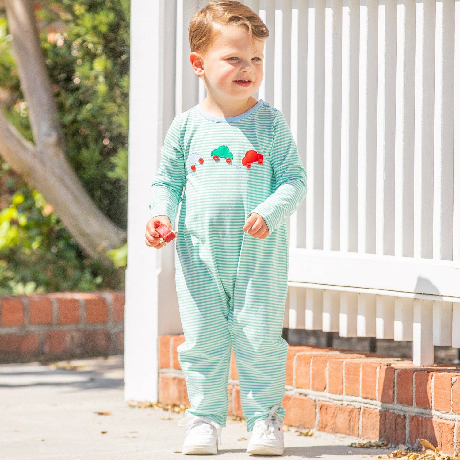 Boys Car Romper - Green Stripe