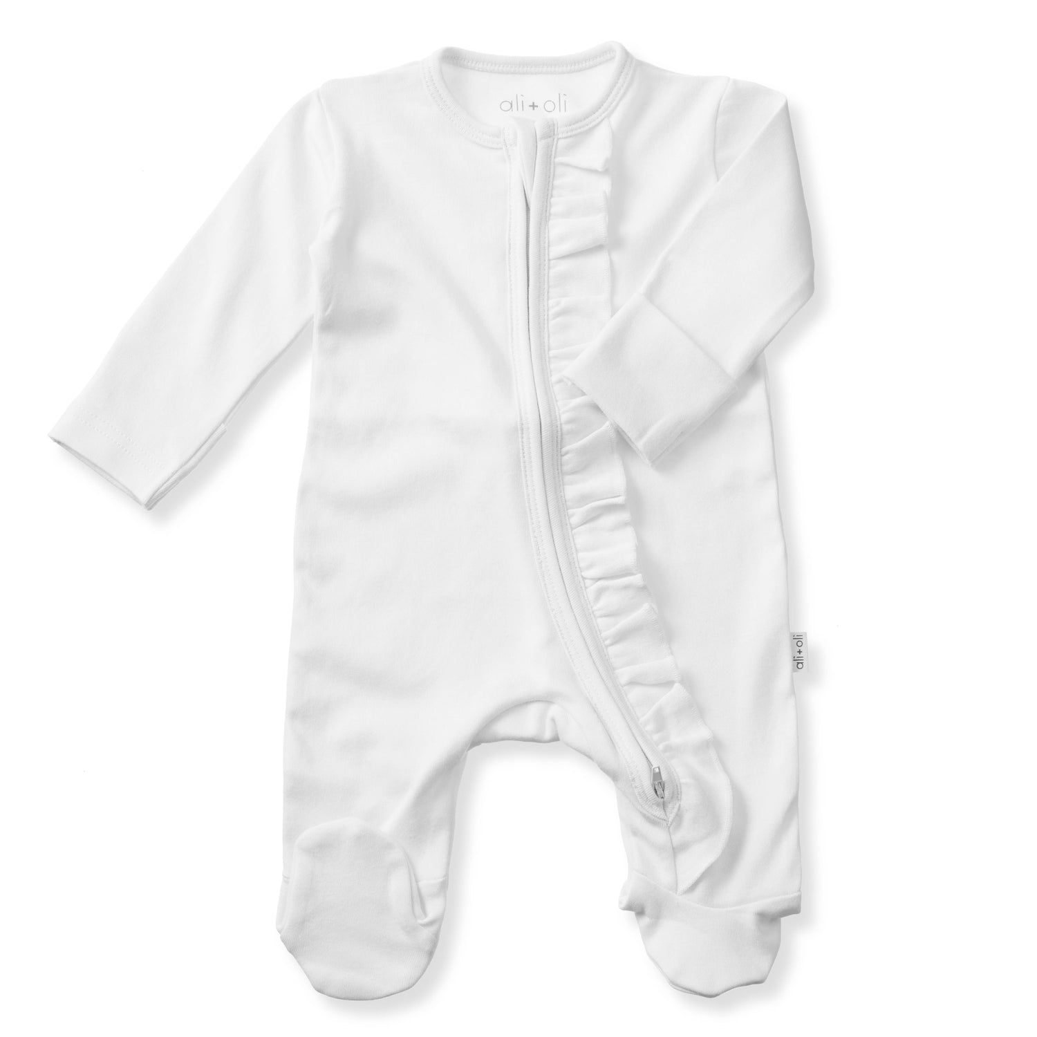 Baby Ruffle Footie 2-Way Zipper – Organic Cotton Lounge Wear: White / 0-3M