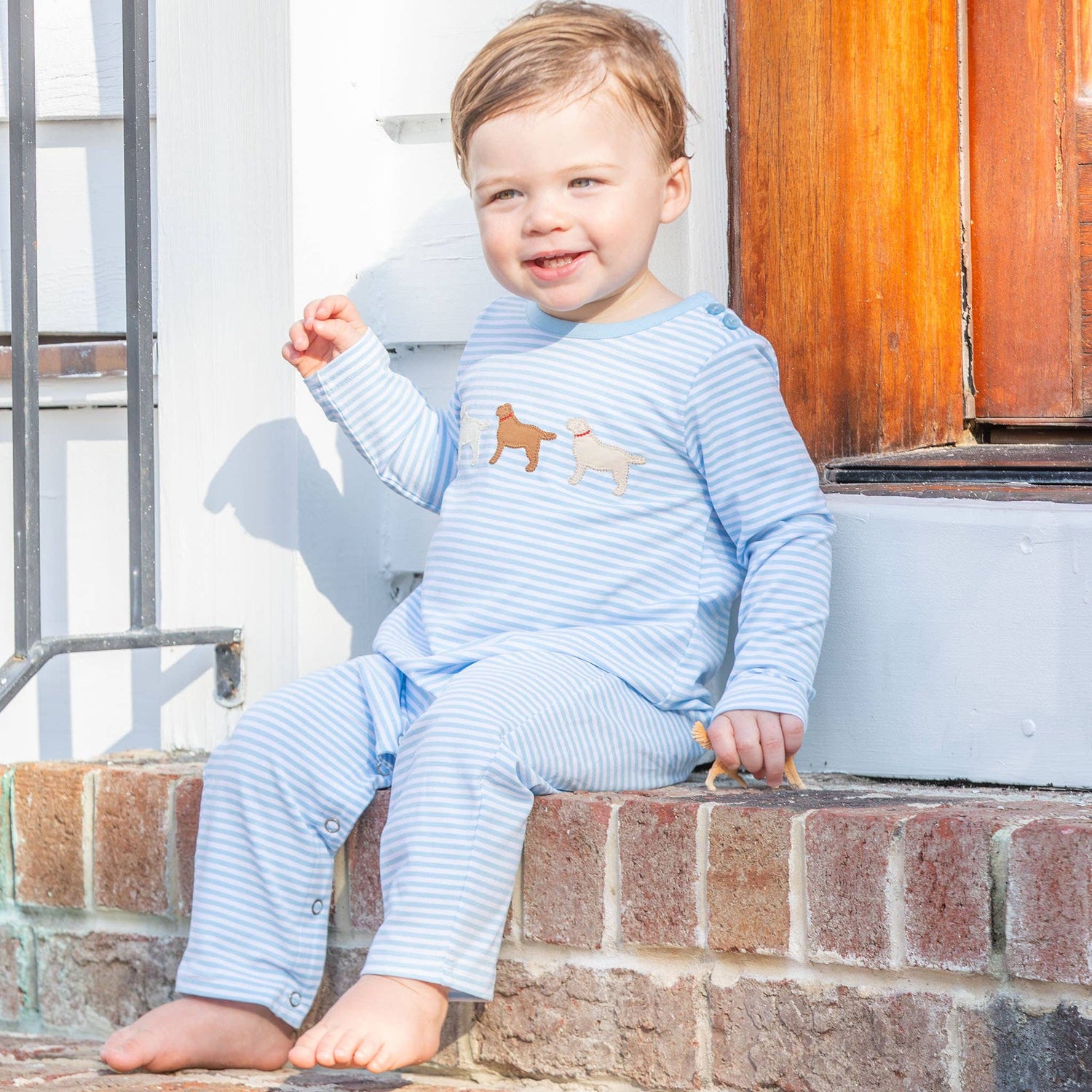 Boys Puppy Romper - Blue Stripe