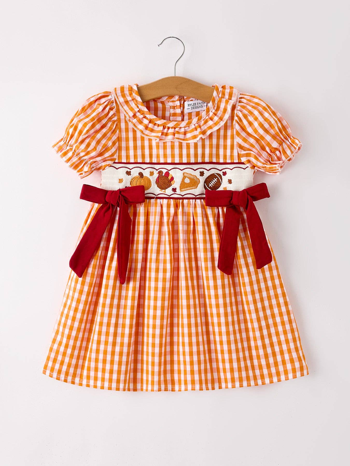 Fall Embroidered Dress for Girls – Orange Checkered with Halloween Details