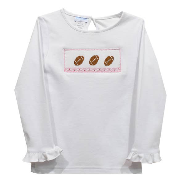 Football Smocked White Knit Ruffle Long Sleeve Girls T-Shirt