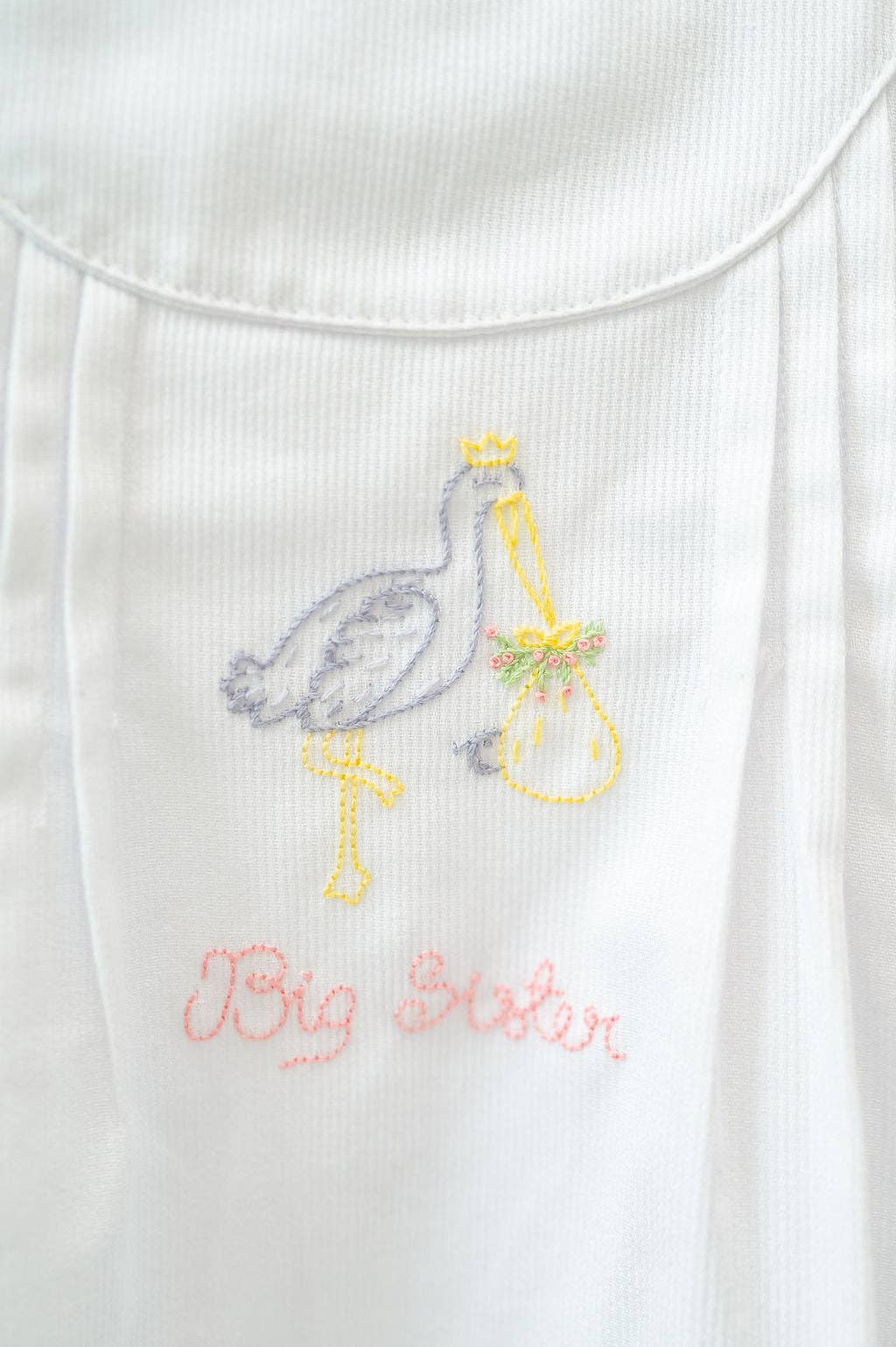White Big Sister Stork Embroidered Dress