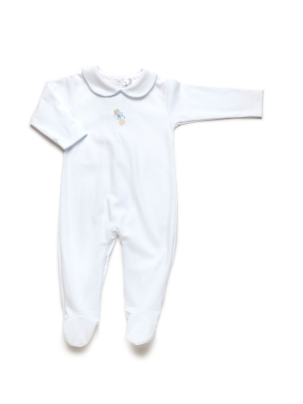 Blue Heirloom Rattle Collared Pima Footie | White