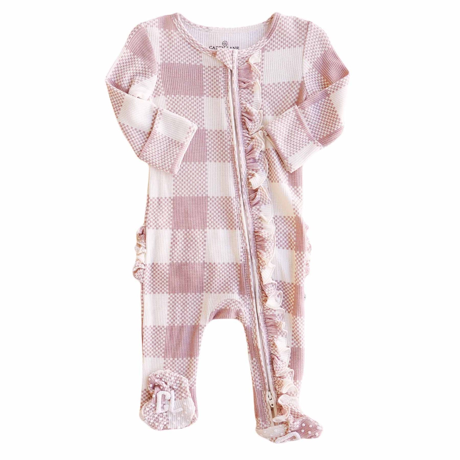 Big Check Bamboo Waffle Zipper Ruffle Footie | Rosy