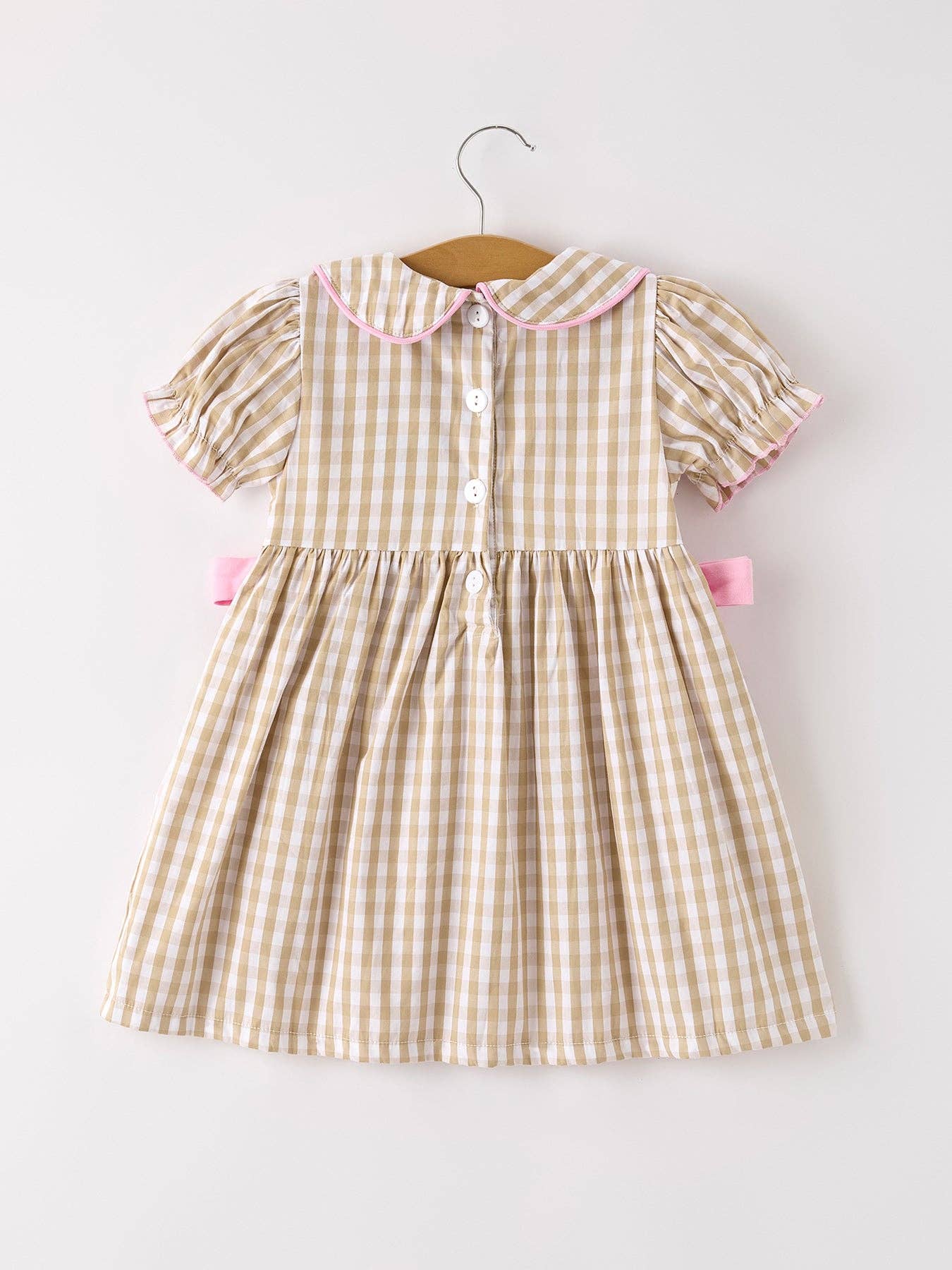 Fall Thanksgiving Lapel Plaid Chick Embroidery Smocking Bow Baby Girls Dress
